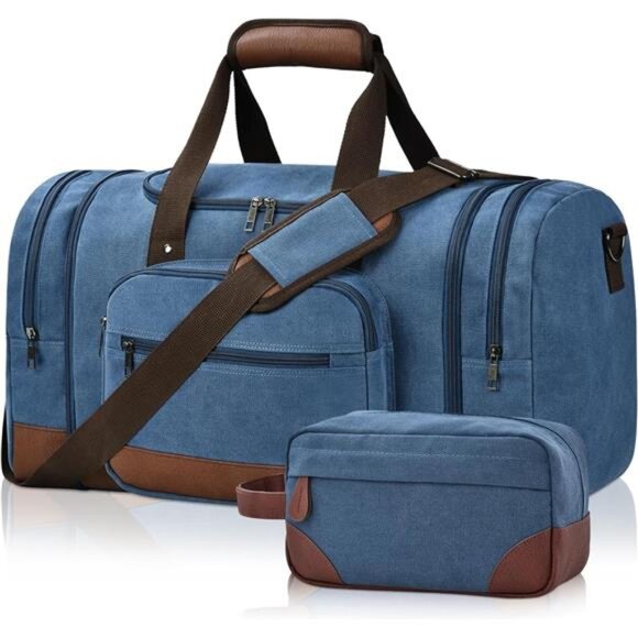 Blue+Toiletry Bag , 50L Canvas Travel Duffel Bags Overnight Weekend - Picture 1 of 6
